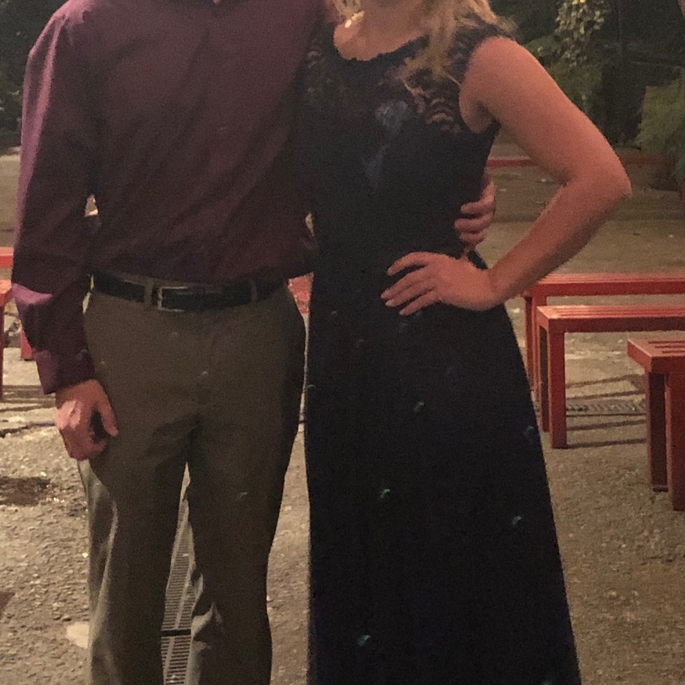 Navy lace and chiffon gown